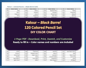 Kalour - 120 Colored Pencil Set (black barrels) - DIY Color Chart / Swatch Sheet - Digital Download