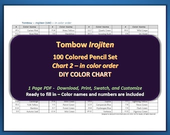 Tombow Irojiten - 100 Colored Pencil Set in Color Order - DIY Color Chart / Swatch Sheet - Digital Download