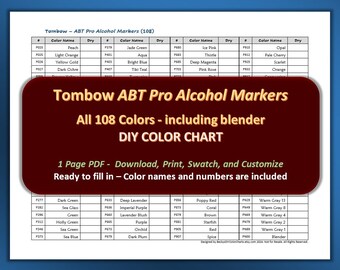 Tombow - 108 ABT Pro Alcohol Markers - DIY Color Chart / Swatch Sheet - Digital Download