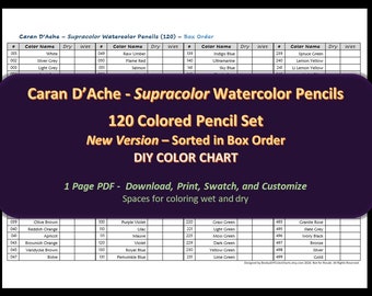 Caran D'ache SUPRACOLOR - v2 box order - 120 Colored Pencil Set - DIY Color Chart / Swatch Sheet - Digital Download