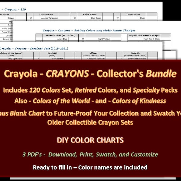 Crayola CRAYONS - BUNDLE Collector - 120 Set, Retired Colors, Specialty, Blank Chart - DIY Color Chart / Swatch Sheet - Digital Download