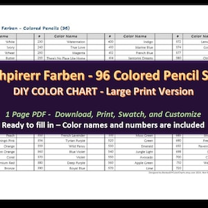 Schpirerr Farben - Juego de lápices de colores 96 - Carta de colores DIY / Hoja de muestras - Descarga digital