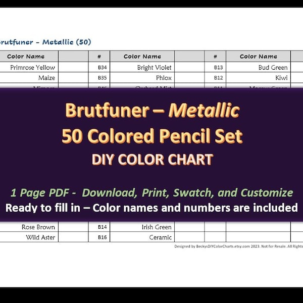 Brutfuner - Metallic 50 Colored Pencil Set - DIY Color Chart / Swatch Sheet - Digital Download