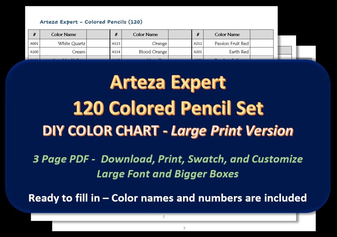 Arteza Expert - LARGE PRINT 120 Colored Pencil Set - DIY Color Chart ...