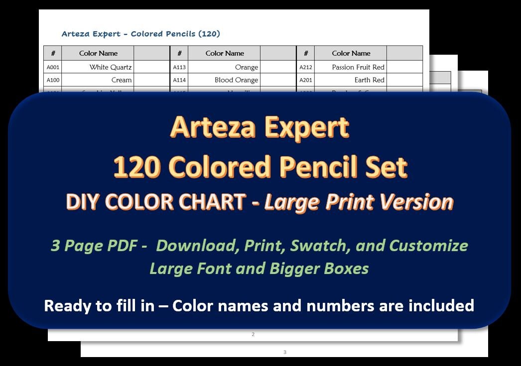 Arteza Expert - 120 Colored Pencil Set - DIY Color Chart / Swatch Sheet -  Digital Download