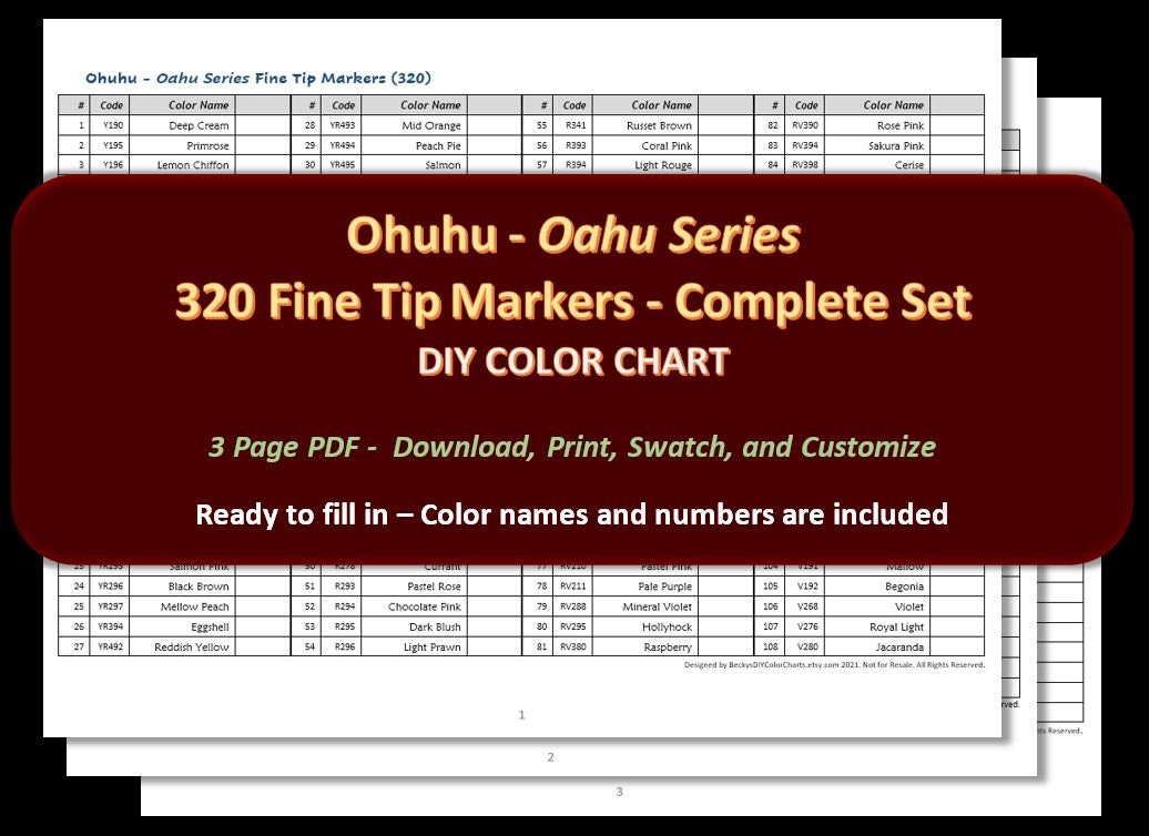 Ohuhu Oahu Series fine Tip 320 Marker Set DIY Color Chart / Swatch Sheet  Digital Download 