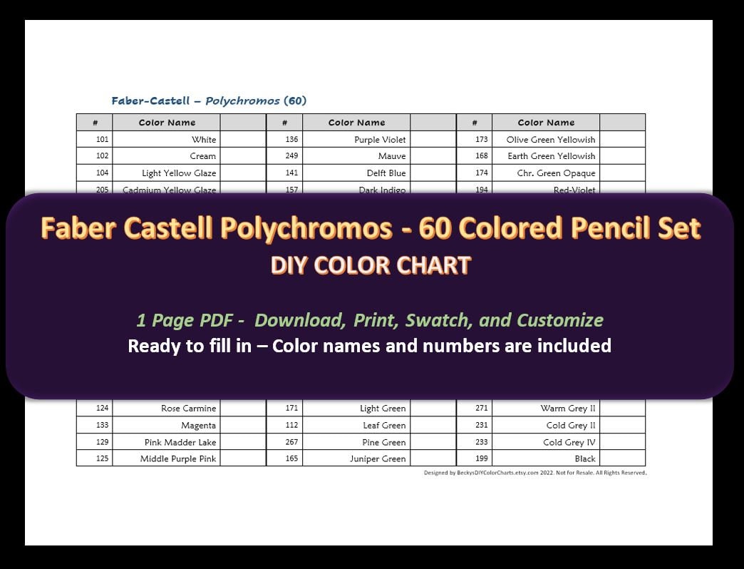 Faber Castell Polychromos - 60 Colored Pencil Set - DIY Color Chart / Swatch Sheet - Digital Download