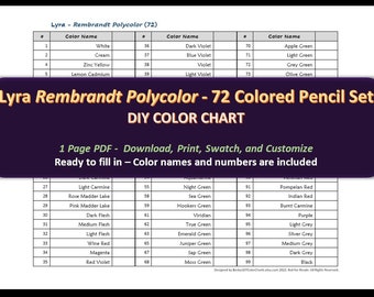 Lyra Rembrandt Polycolor - 72 Colored Pencil Set - DIY Color Chart / Swatch Sheet - Digital Download