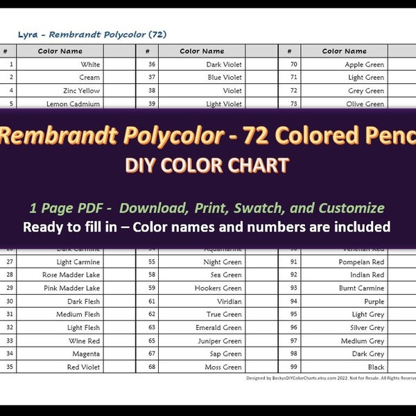 Lyra Rembrandt Polycolor - Juego de 72 lápices de colores - Carta de colores DIY / Hoja de muestras - Descarga digital