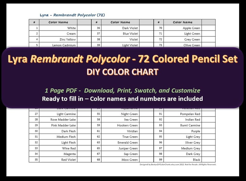 Lyra Rembrandt Polycolor 72 Colored Pencil Set DIY Color Chart / Swatch Sheet Digital Download image 1