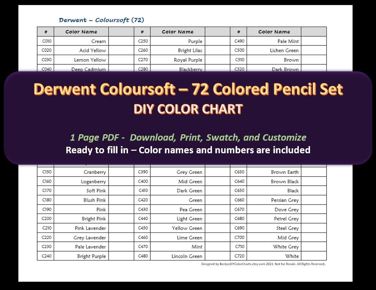 Derwent Coloursoft 72 Colored Pencil Set DIY Color Chart / - Etsy