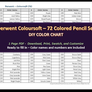 Derwent Coloursoft - 72 kleurpotlodenset - DIY-kleurenkaart / stalenvel - digitale download