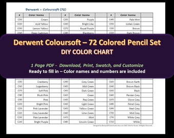 Derwent Coloursoft - Ensemble de 72 crayons de couleur - Nuancier DIY / Swatch Sheet - Téléchargement numérique