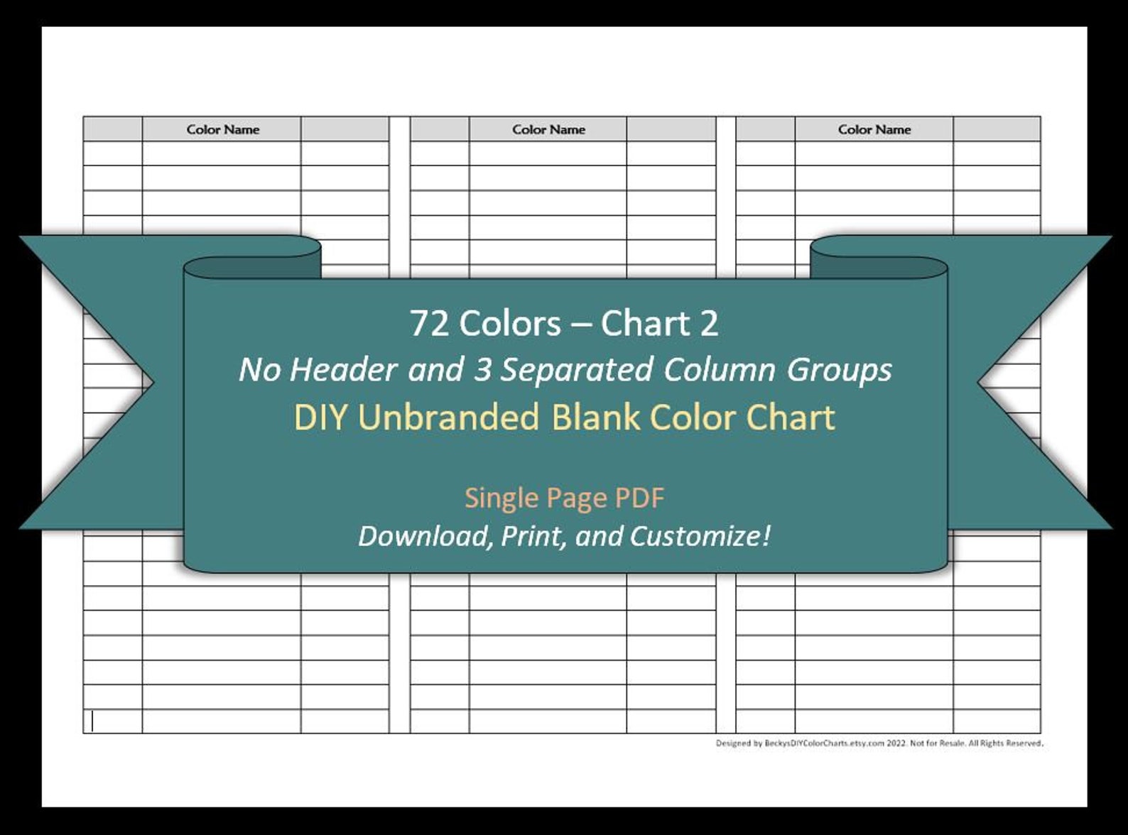 72 Colors Chart 2 1 Page DIY Blank Color Chart /swatch Etsy
