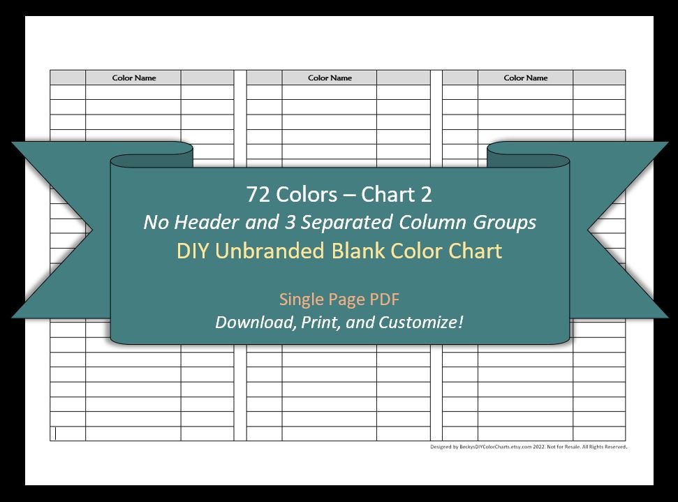 72 Colors - Chart 2 - 1 Page - DIY Blank Color Chart /swatch Sheet ...