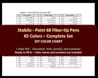 Stabilo - Point 68 Fiber-tip Pen Set - DIY Color Chart / Swatch Sheet - Digital Download