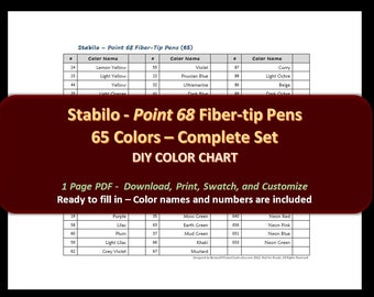 Stabilo - Point 68 Fiber-tip Pen Set - DIY Color Chart / Swatch Sheet - Téléchargement numérique