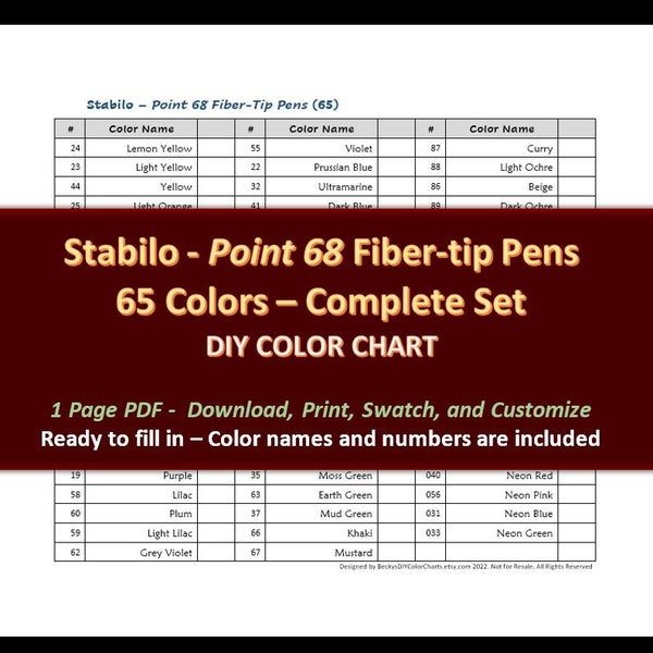 Stabilo - Point 68 Fiber-tip Pen Set - DIY Farbkarte / Musterblatt - Digitaler Download