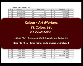 Kalour - 72 Art Markers Set - DIY Color Chart / Swatch Sheet - Digital Download