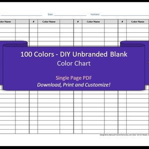 100 Colors - 1 Page - DIY Blank Color Chart /Swatch Sheet - Digital Download