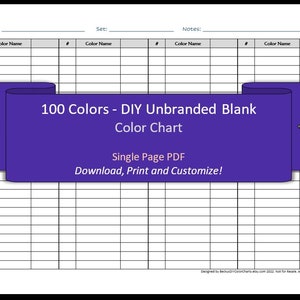 100 Farben - 1 Seite - DIY Blanko-Farbkarte - Digitaler Download