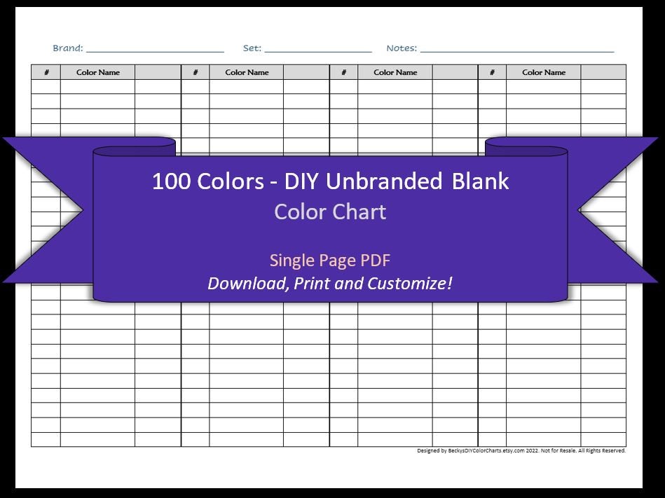 100 Colors 1 Page DIY Blank Color Chart /swatch Sheet - Etsy