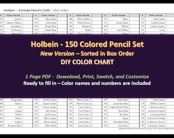 Holbein - v2 - Box Order - 150 Colored Pencil Set - DIY Color Chart / Swatch Sheet - Digital Download