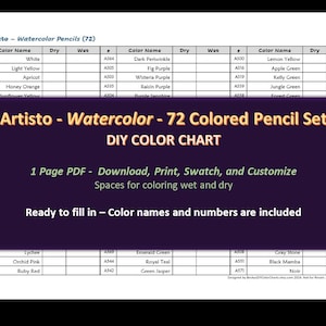 Artisto - 72 色の水彩色鉛筆セット - DIY カラーチャート / スウォッチシート - デジタルダウンロード