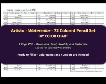 Artisto - 72 Watercolors Pencil Set - DIY Color Chart / Swatch Sheet - Digital Download