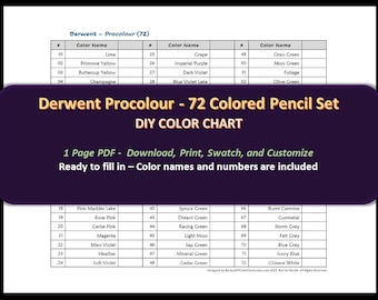 Derwent Procolour - 72 kleurpotlodenset - DIY-kleurenkaart / Swatch Sheet - Digitale download