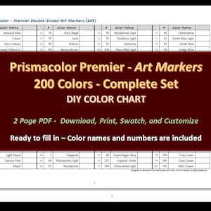 Prismacolor Premier- 200 Double-Ended Art Markers - DIY Color Chart / Swatch Sheet - Digital Download