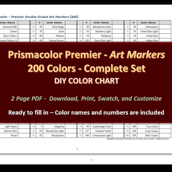 Prismacolor Premier- 200 Double-Ended Art Markers - DIY Color Chart / Swatch Sheet - Digital Download