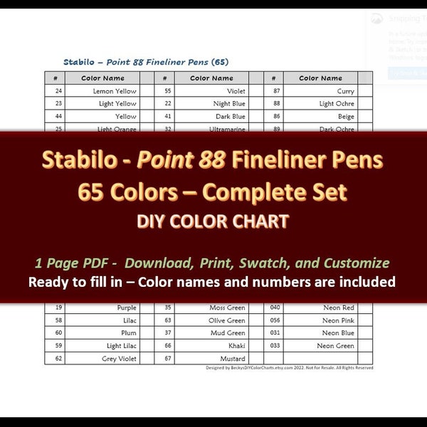 Stabilo - Point 88 Fineliner Pen Set - DIY Color Chart / Swatch Sheet - Digital Download