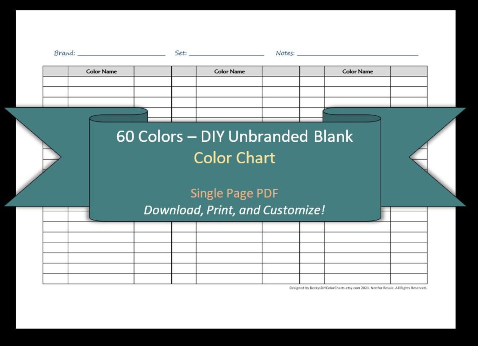 60 Colors - 1 Page - DIY Blank Color Chart /swatch Sheet - Digital ...