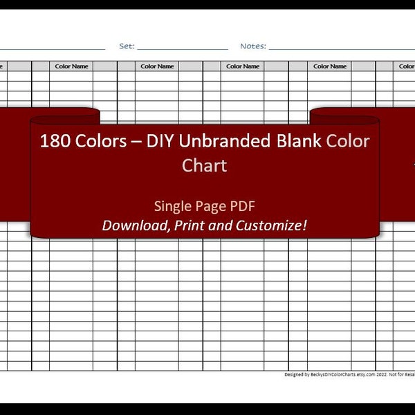 180 Colors - 1 Page - DIY Blank Color Chart /Swatch Sheet - Digital Download