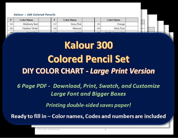 Kalour LARGE PRINT 300 Coloured Pencil Set DIY Color Chart