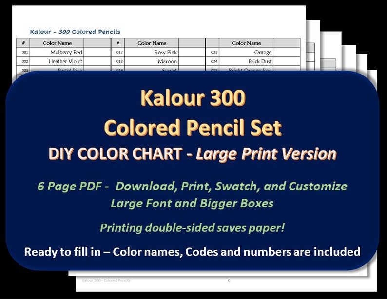 Kalour LARGE PRINT 300 Colored Pencil Set DIY Color Chart Etsy