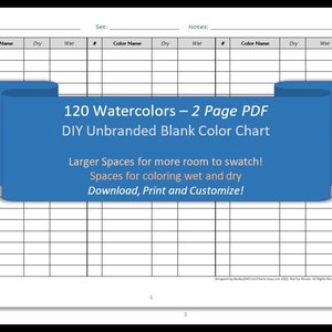 120 aquarel - 2 pagina's - DIY lege kleurenkaart / staalblad - digitale download