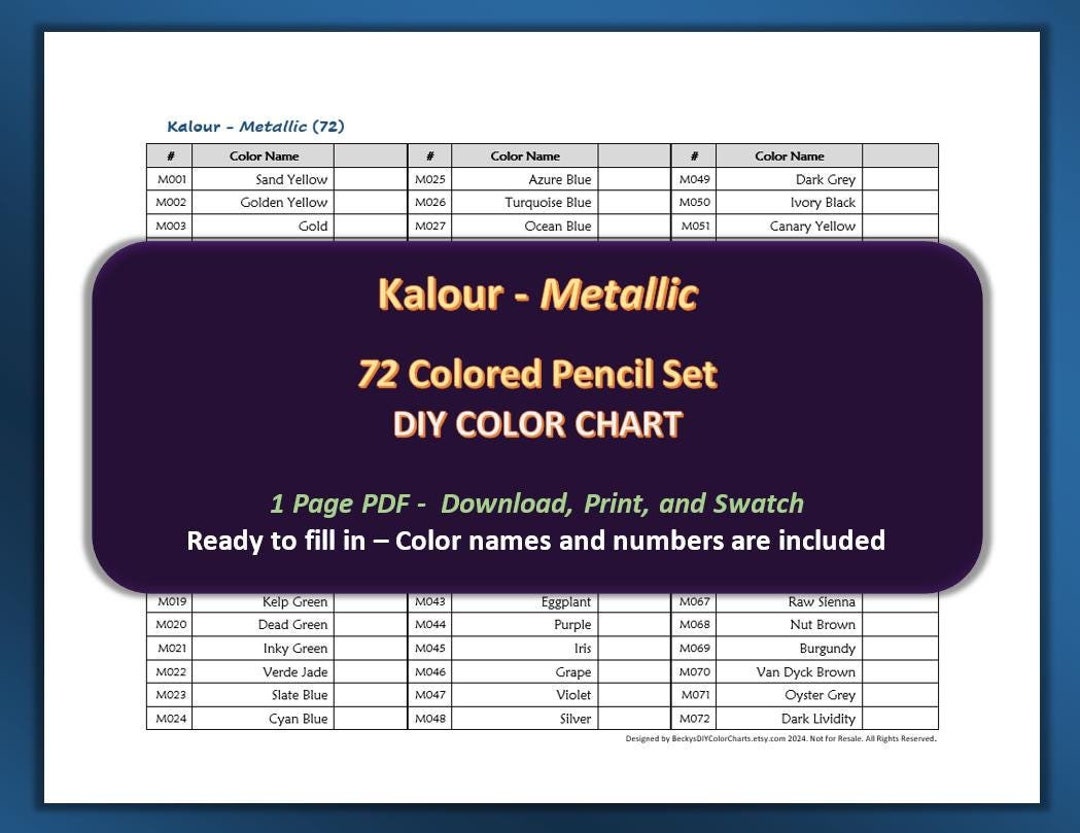 Kalour Metallic- 72 Colored Pencil Set - DIY Color Chart / Swatch Sheet ...