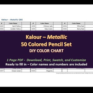 Kalour Metallic- Juego de lápices de colores 50 - Carta de colores DIY / Hoja de muestras - Descarga digital