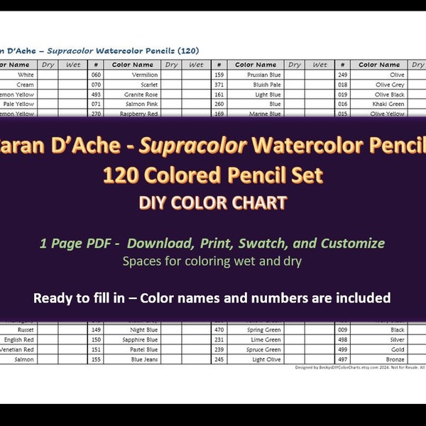 Caran D'ache SUPRACOLOR - 120 Colored Pencil Set - DIY Color Chart / Swatch Sheet - Digital Download