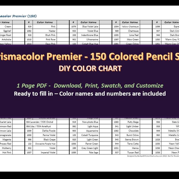 Prismacolor Premier - 150 Colored Pencil Set - DIY Color Chart / Swatch Sheet - Digital Download