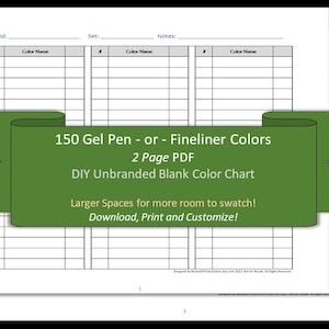 150 Gel Pen or Fineliner Colors - 2 Pages - DIY Blank Color Chart /Swatch Sheet - Digital Download