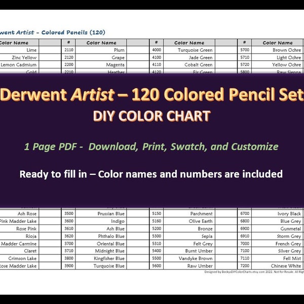 Derwent Artist - 120 Colored Pencil Set - DIY Color Chart / Swatch Sheet - Digital Download