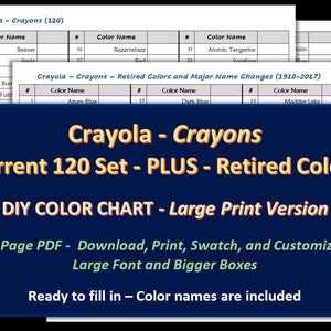 Pode incluir: Um gráfico de cores imprimível para lápis de cera Crayola, que inclui o conjunto atual de 120 lápis de cera, além das cores aposentadas. O gráfico é um projeto faça você mesmo, com uma versão de impressão grande para facilitar a visualização. Inclui um download de PDF de 5 páginas, com fonte grande e caixas maiores para amostras de cores. Os nomes das cores estão incluídos no gráfico.