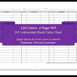 120 Colors - 2 Pages - DIY Blank Color Chart /Swatch Sheet - Digital Download