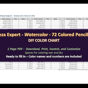 Arteza Expert - 水彩画 - 72色鉛筆セット - DIY カラーチャート/スウォッチシート - デジタルダウンロード