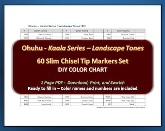 Ohuhu - Kaala Landscape Series (Slim Chisel Tip) 60 Marker Set - PDF DIY Color Chart / Swatch Sheet