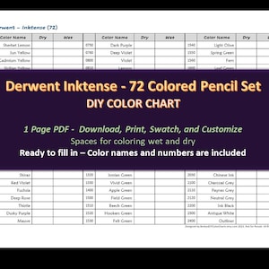 Derwent Inktense - Conjunto de 72 lápis - Gráfico de cores em branco DIY / Folha de amostras - Download digital