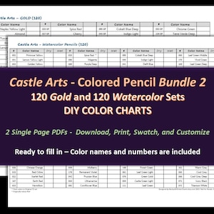 Castle Arts - 鉛筆バンドル 2 - ゴールドと水彩 - 各 1 ページ - DIY カラーチャート / スウォッチシート - デジタルダウンロード
